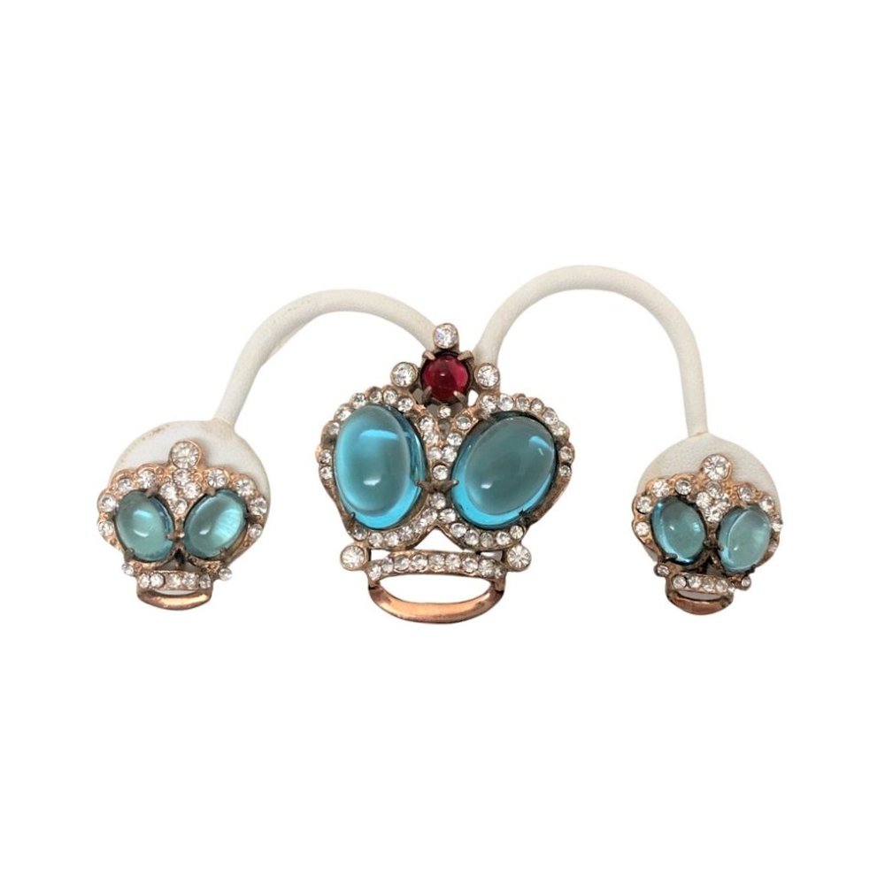 Vintage 1940's Sterling Silver Blue Glass Cabochon Crown Brooch and Earrings Set
